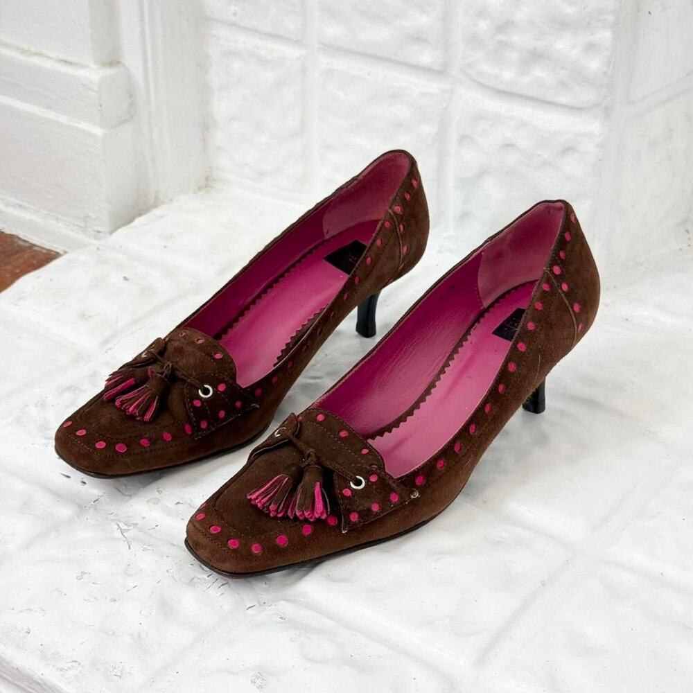 y2k coach pink and brown polka dot suede kitten heels